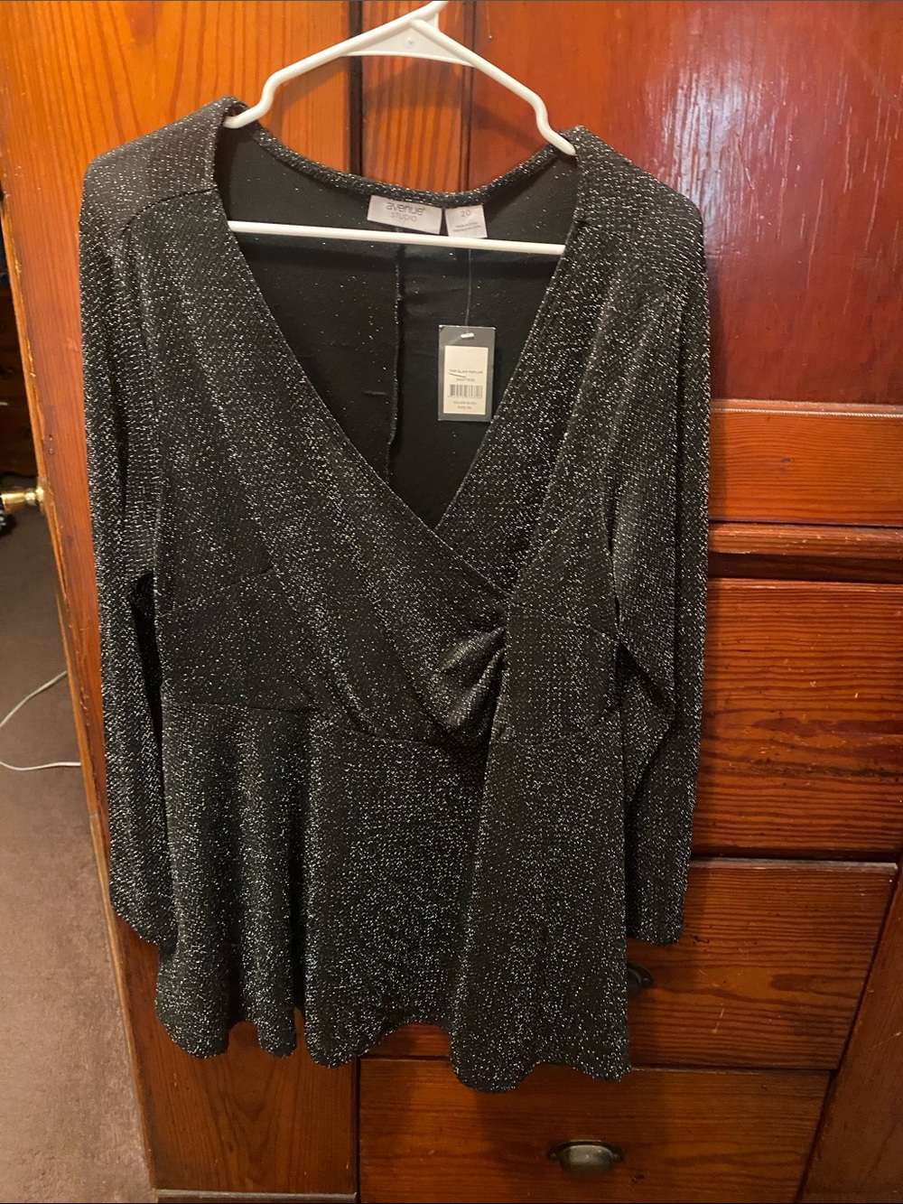 Avenue Black Silver Sparkle Wrap-Front Long Sleeve Top